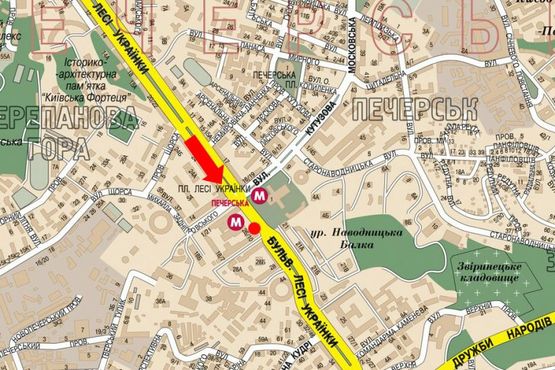 Схема рекламной плоскости по адресу Украинки бул., 26, возле ст. м. "Печерская"