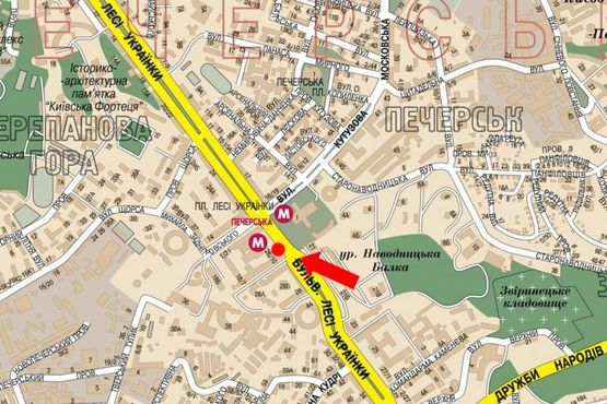 Схема рекламної площини за адресою Украинки бул., 26, возле ст. м. "Печерская"