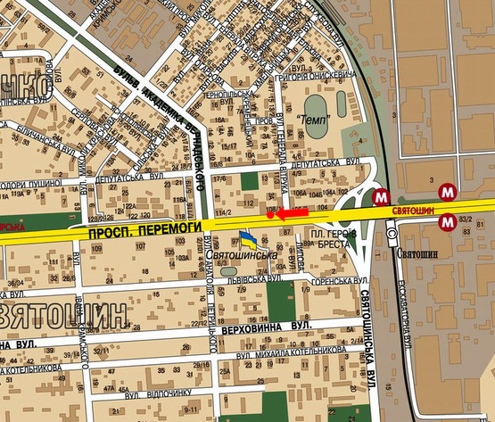Схема рекламной плоскости по адресу Победы пр., 108/ 1, напротив супермаркетов "Сильпо", "Фокстрот", ст. м. "Святошин", из центра