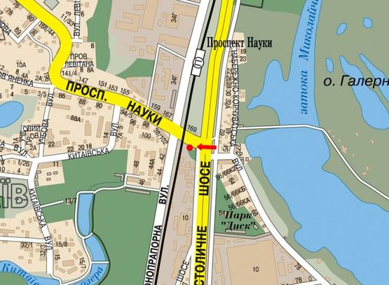 Схема рекламної площини за адресою Науки пр. / Столичное шоссе, ж/ д переезд, светофор, в сторону центра