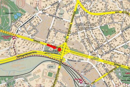 Схема рекламної площини за адресою Победы пр., 14, напротив, заезд на мост Воздухофлотскийт, в сторону Соломенская пл.