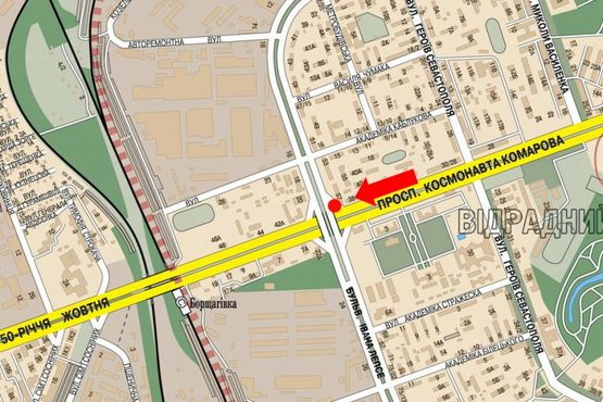 Схема рекламной плоскости по адресу Комарова пр., 38А / Гавела бул. (бывш. Лепсе бул.), рынок "Отрадный", в сторону Юры ул.