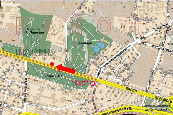 Схема рекламной плоскости по адресу Победы пр., 34, возле Медуниверситета им. Богомольца, из центра