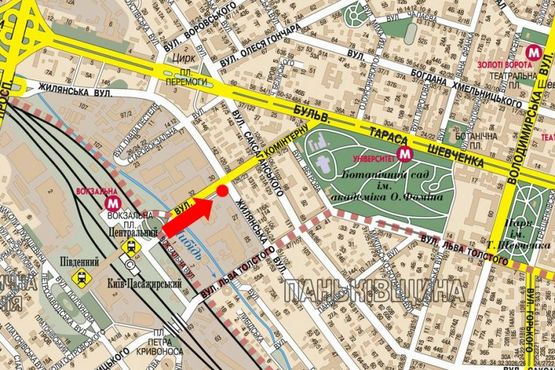 Схема рекламної площини за адресою Петлюры ул., 25, (бывш. ул. Коминтерна) / Жилянская ул.