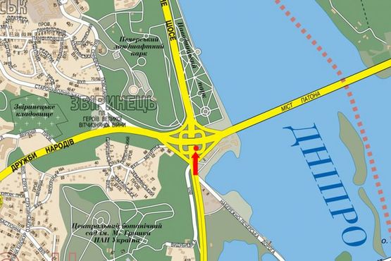 Схема рекламной плоскости по адресу Надднепрянское шоссе / Дружбы народов бул., развязка на мосту Патона, в сторону ст. м. "Днепр" и Воссоединения пр., левый
