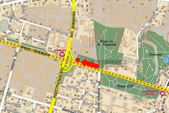 Схема рекламної площини за адресою Победы пр., 44, возле киностудии им. Довженко, напротив супермаркетов "Эльдорадо", "Сильпо", в сторону ст. м. "Шулявская"