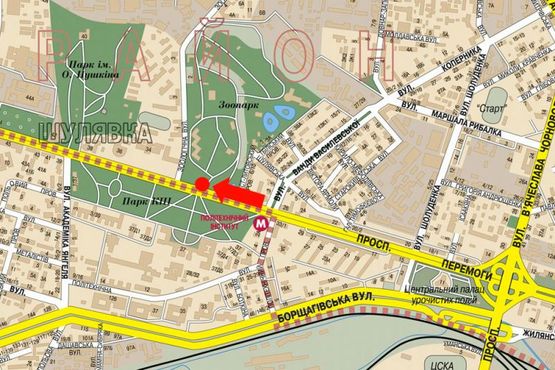 Схема рекламной плоскости по адресу Победы пр., 32, перед входом в Зоопарк, в строну ст. м. "Шулявская", из центра