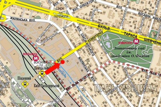 Схема рекламной плоскости по адресу Петлюры ул., 29, возле ЖД вокзала, в сторону Жилянская ул.