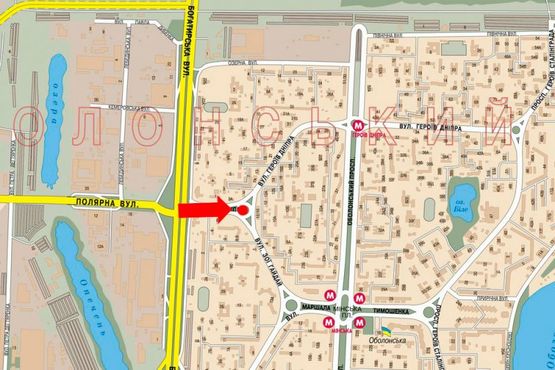 Схема рекламної площини за адресою Героев Днепра ул. / Гайдай ул., разделительная клумба, в сторону Оболонский пр.