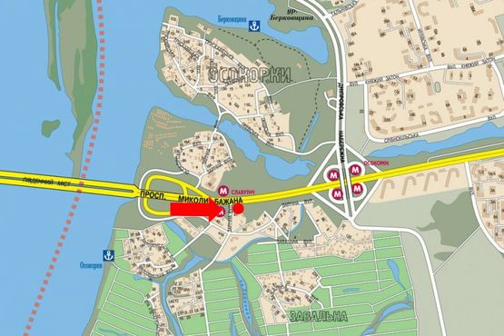 Схема рекламной плоскости по адресу Бажана пр. / Заречная ул., ст. м. "Славутич", от моста Южного в сторону ст. м. "Осокорки"