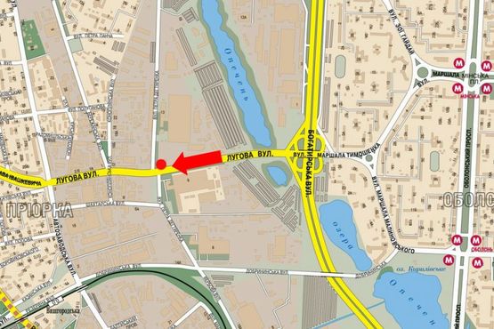 Схема рекламної площини за адресою Луговая ул., 9 / Семьи Кульженков ул. (бывш. Дегтяренка ул.), напротив ТРЦ "Караван", в сторону Автозаводская ул., Вышгородская ул.