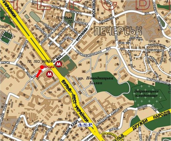 Схема рекламной плоскости по адресу Украинки бул., 24 / Алмазова ул. (бывш. Кутузова ул.), ресторан "Марокана", "Спацио", в сторону Украинки бул.