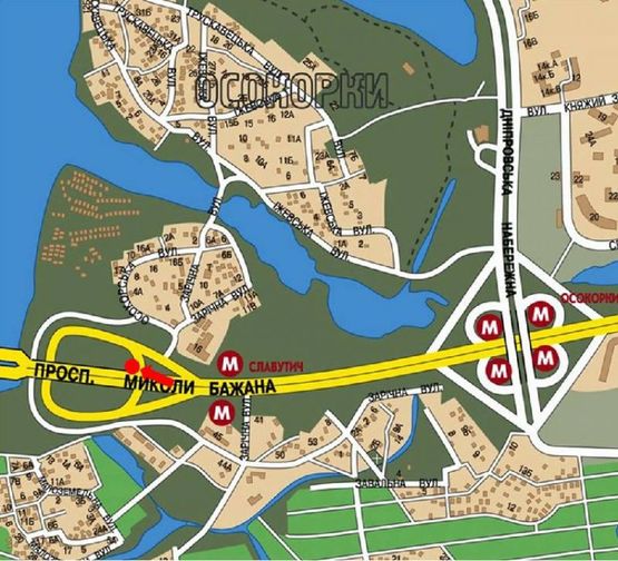 Схема рекламної площини за адресою Бажана пр., 150м. до Южного моста, в сторону правого берега