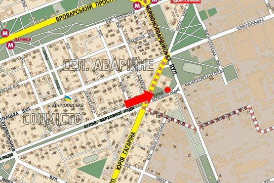 Схема рекламной плоскости по адресу Верховного Совета бул., 36, перед ТЦ "Проспект", супермаркетами "Фокстрот", "Ашан"