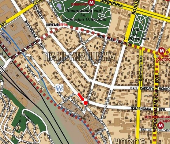 Схема рекламної площини за адресою Жилянская ул. / Короленковская ул., разделитель, в сторону "Мегамаркет", Федорова ул.