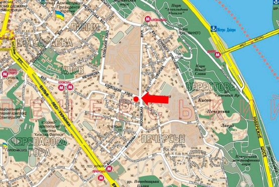 Схема рекламної площини за адресою Кловский спуск, 30 / Московская ул., в сторону Мечникова ул.