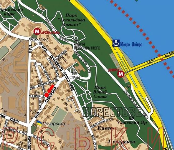 Схема рекламної площини за адресою Омеляновича-Павленка ул. (бывш. Суворова ул.), 18/ 20, супермаркет "Сильпо", ресторан "У хромого пола", в сторону Кловского спуска