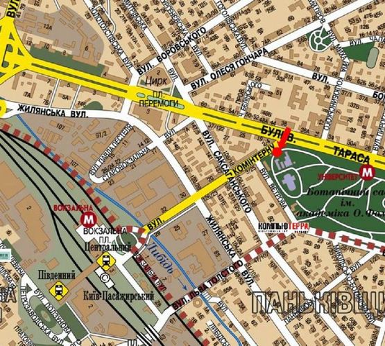 Схема рекламної площини за адресою Петлюры ул., 1, (бывш. Коминтерна ул.) / Шевченко бул., в сторону Саксаганского ул.
