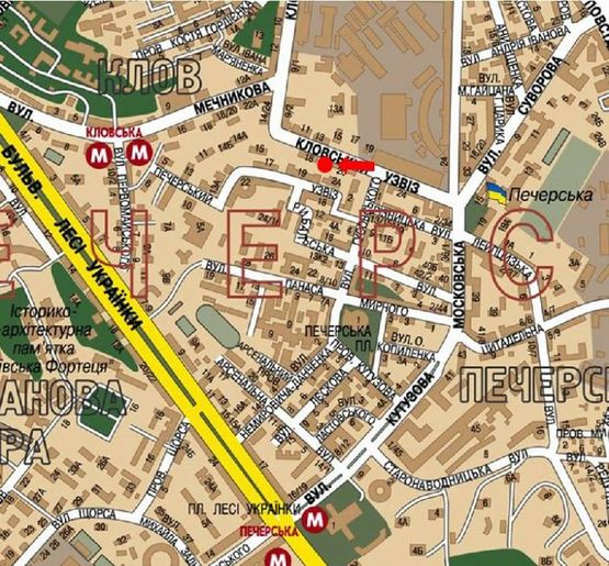 Схема рекламної площини за адресою Кловский спуск, 20, напротив, в сторону Мечникова ул.