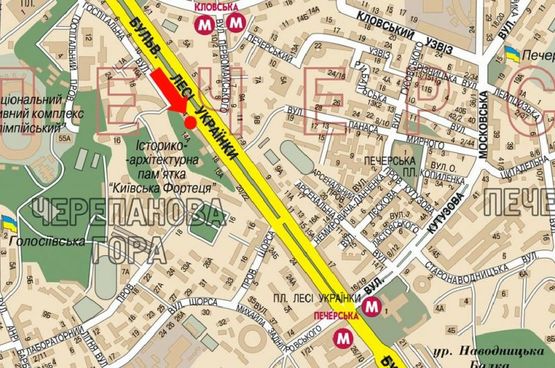 Схема рекламной плоскости по адресу Украинки бул., 14, на светофоре, в сторону Украинки бул., ст. м. "Печерская"