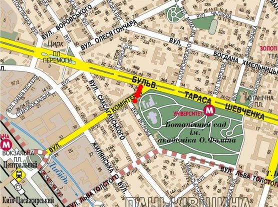 Схема рекламной плоскости по адресу Петлюры ул., 2, (бывш. Коминтерна ул.), ботанический сад, в сторону Саксаганского ул.