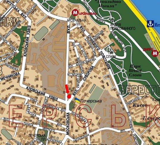 Схема рекламной плоскости по адресу Московская ул., 33 / Кловский спуск, кинотеатр "Зоряный", в сторону Алмазова ул. (бывш. Кутузова ул.)