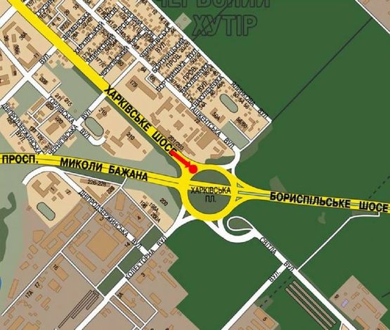 Схема рекламної площини за адресою Харьковская пл., разделитель, выезд с Харьковское шоссе в сторону пр. Бажана