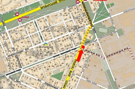 Схема рекламной плоскости по адресу Гагарина пр. / Верховного Совета бул., возле перехода, перед ТЦ "Проспект", супермаркетами "Фокстрот", "Ашан", в сторону ст. м. "Черниговская", "Эпицентра"