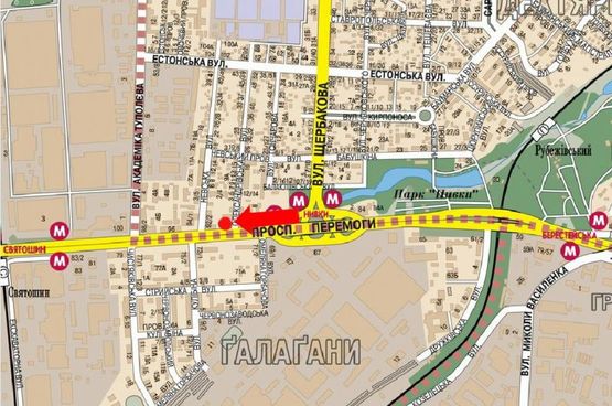 Схема рекламной плоскости по адресу Победы пр., 90/ 1 / Александровская ул., 100 м до супермаркета "Фуршет", ст. м. "Нивки", из центра