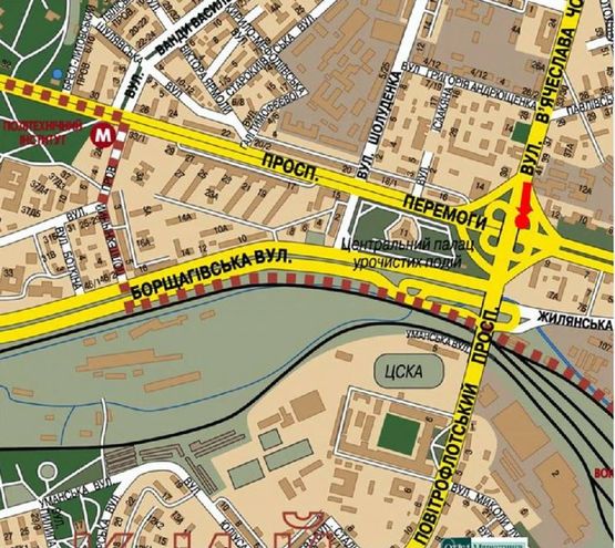 Схема рекламной плоскости по адресу Воздухофлотский пр., съезд на Победы пр., за мостом, напротив "Ощадбанк", в сторону ст. м. "Политехнический институт"