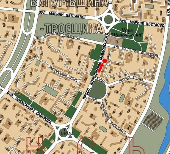 Схема рекламной плоскости по адресу Маяковского пр., 54/9 / Данькевича ул., напротив супермаркета "Billa", в сторону Цветаевой ул.