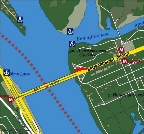Схема рекламної площини за адресою Броварской пр., въезд на мост Метро, 550 м от ст. м. "Гидропарк"