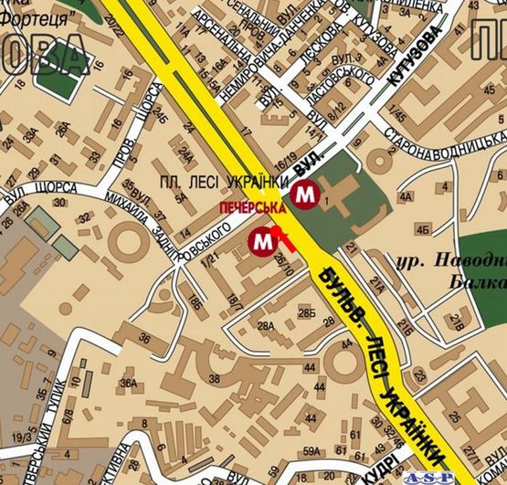 Схема рекламної площини за адресою Украинки бул. / Алмазова ул. (бывш. Кутузова ул.), ст. м. "Печерская", на светофоре, в сторону Бассейная ул.