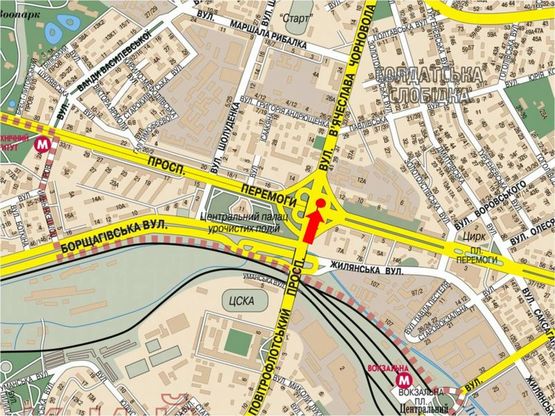 Схема рекламної площини за адресою Черновола ул. / Победы пр., 12, на Воздухофлотском мосту, в сторону Черновола ул.