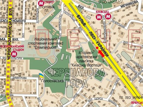 Схема рекламної площини за адресою Украинки бул., 16, в сторону Бассейная ул.