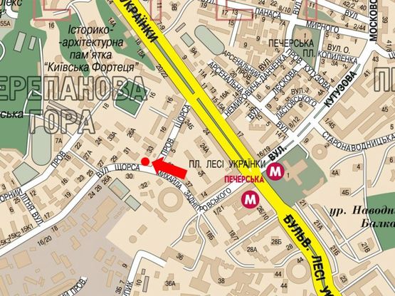 Схема рекламной плоскости по адресу Коновальца ул. (бывш. Щорса ул.), 33 / Новогоспитальная ул. (бывш. Щорса пер.), в сторону Б. Васильковская ул.