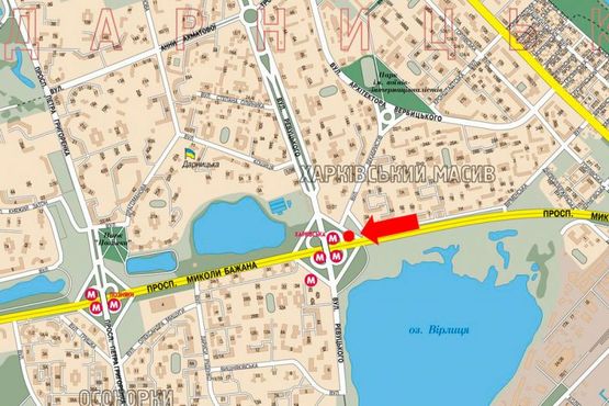 Схема рекламної площини за адресою Бажана пр., ст. м. "Харьковская", в сторону мост Южный