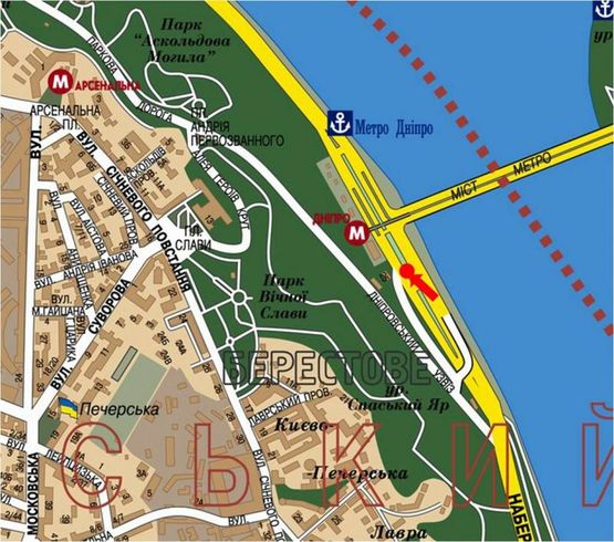 Схема рекламної площини за адресою Набережное шоссе, ст. м. "Днепр", разделитель, в сторону Подола