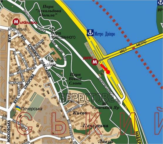 Схема рекламної площини за адресою Набережное шоссе, ст. м. "Днепр", разделитель, в сторону мост Патона