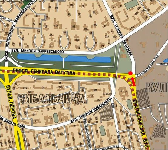 Схема рекламної площини за адресою Ватутина пр. / Драйзера ул. , рынок "Троещина", в сторону Бальзака ул.