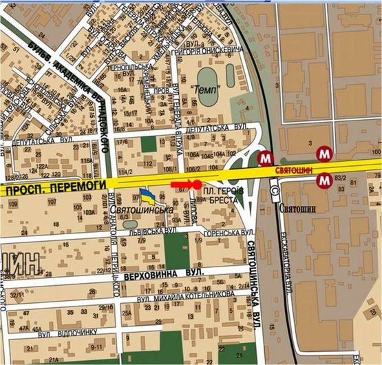 Схема рекламной плоскости по адресу Победы пр., 89А, ст. м. "Святошино", возле супермаркета "Сильпо", в центр
