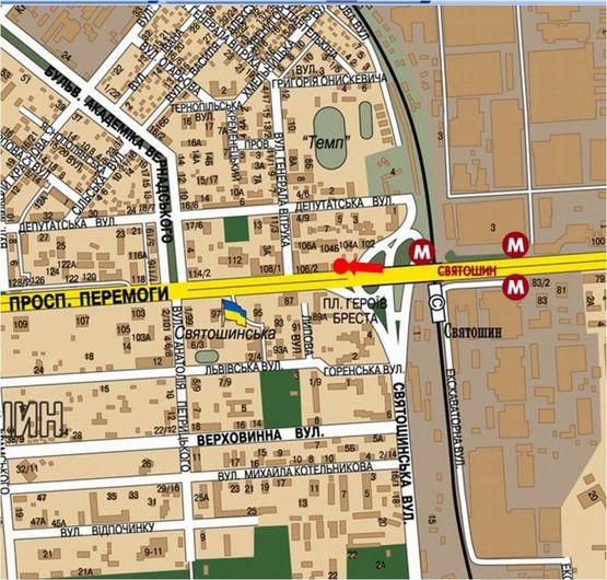 Схема рекламної площини за адресою Победы пр., 104, напротив супермаркетов "Сильпо", "Фокстрот", ст. м. "Святошин", из центра