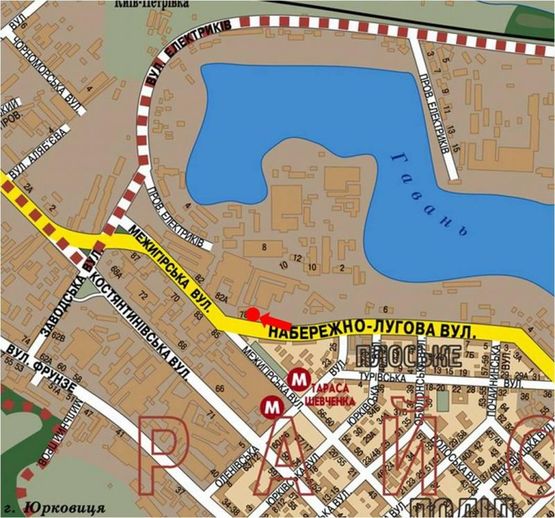 Схема рекламної площини за адресою Набережно-Луговая, 100 м до перекрестка с Межигорская ул., из центра