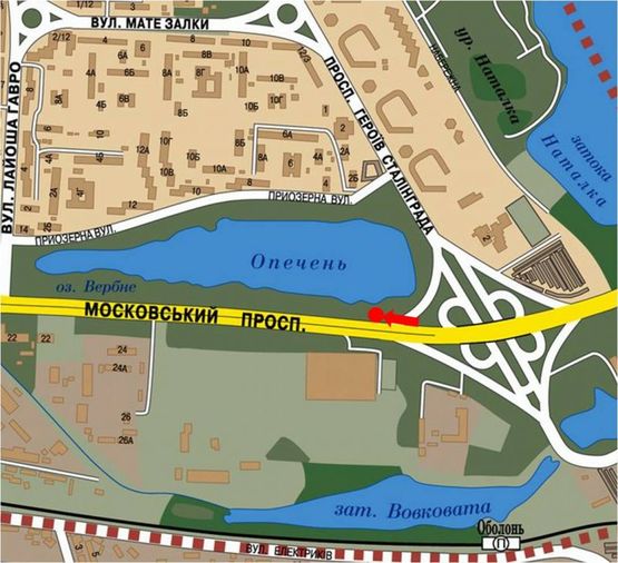 Схема рекламної площини за адресою Бандеры пр. (бывш. Московский пр.), выезд с Героев Сталинграда пр., в сторону ст. м. "Почайна" (бывш. ст. м. "Петровка")