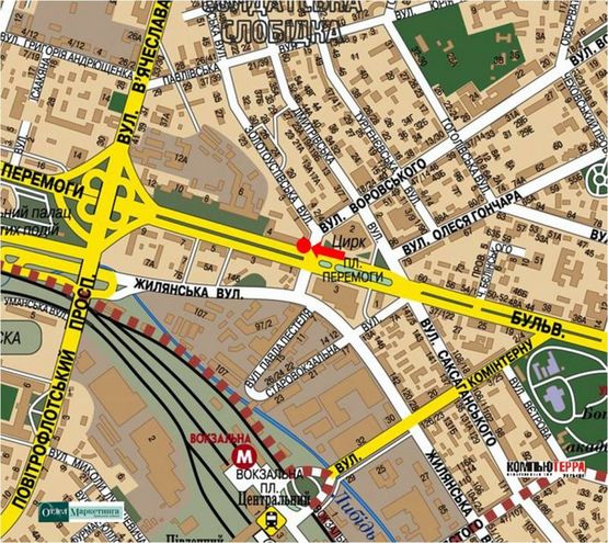 Схема рекламної площини за адресою Победы пл., 2 / Дмитриевская ул., на светофоре, в сторону моста Воздухофлотского , из центра