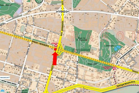 Схема рекламной плоскости по адресу Гетьмана ул. / Победы пр., на мосту, ст. м. "Шулявская", в сторону Телиги ул.