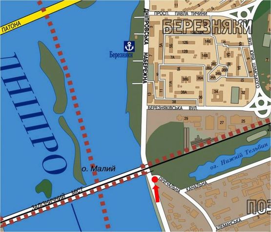 Схема рекламной плоскости по адресу Днепровская Набережная / Причальная ул. / мост Дарницкий, на светофоре, в сторону мост Патона