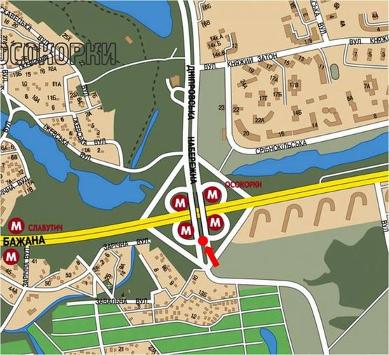 Схема рекламной плоскости по адресу Днепровская Набережная / Бажана пр., мост, разделитель, ст. м. "Осокорки", в сторону Днепровская Набережная