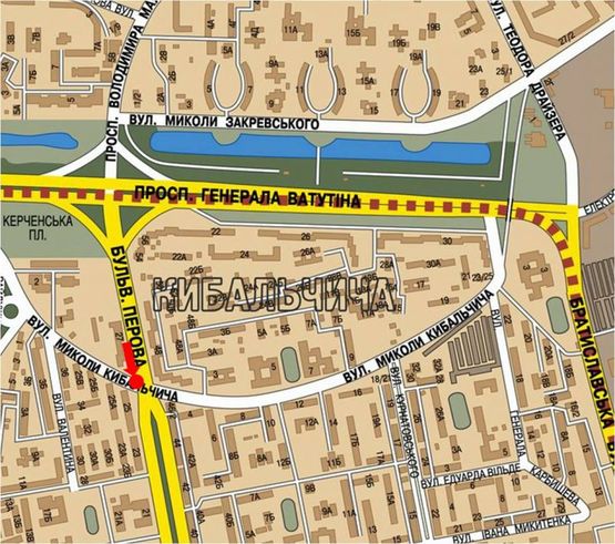 Схема рекламной плоскости по адресу Перова бул. / Кибальчича ул., разделитель, на светофоре, в сторону Броварского пр.