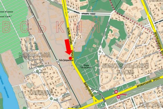 Схема рекламной плоскости по адресу Освободителей пр., 17, возле супермаркетов "Фокстрот" и "Эльдорадо", в сторону Броварской пр.